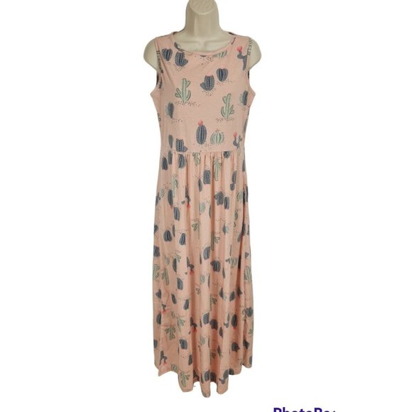 TICKLED TEAL Pink Cactus Print Maxi Fit & Flare Dress Women Size S  . A13P - Picture 1 of 4